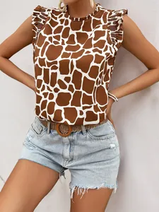 Detail of ruffled flutter sleeves and giraffe print on summer sleeveless blouse