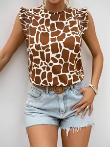 Detail of giraffe print flutter sleeve top featuring ruffle neck and stitched shoulder design