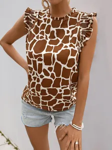 Detail of giraffe print sleeveless blouse featuring ruffled high neck and tiered cap sleeves