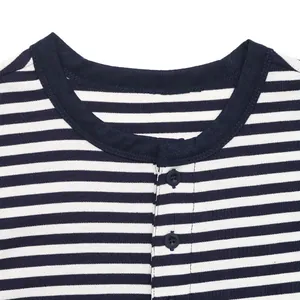 Detail of navy striped Henley tank top featuring round neck and button placket