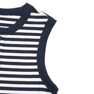Detail of navy blue and white striped tank top showing ribbed neckline and button stitching