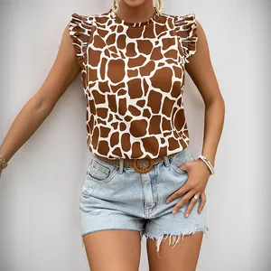 Women's Casual Giraffe Print Flutter Sleeve Blouse Round Neck Ruffle Trim Summer Polyester Shirt For Daily Vacation Women
