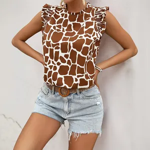 Giraffe print sleeveless top with flutter sleeves and round neck in casual summer style