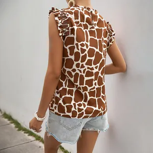 Women's giraffe print sleeveless shirt with ruffle sleeves and round neck summer blouse