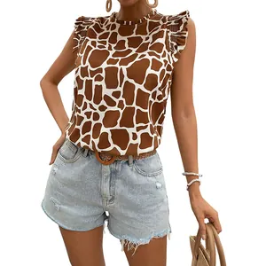 Women's giraffe print sleeveless blouse with ruffle sleeves and pleated round neckline