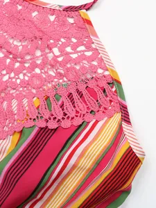 Detail of pink floral crochet lace neckline on a vibrant vertical striped summer dress