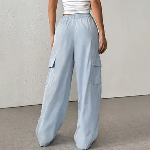 Pantalon cargo rayé femme à jambes larges avec taille haute élastique et poches cargo