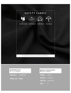 Detail view of breathable black jumpsuit fabric with size chart and model measurements