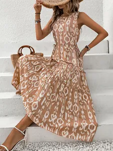 Détails de la robe longue d'été sans manches à imprimé ethnique et cordon de serrage