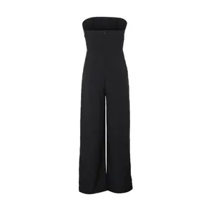 Detail view of back design on black strapless wide-leg jumpsuit with invisible zipper