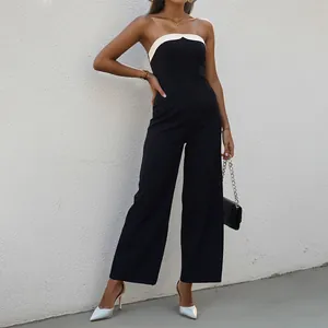 Women Strapless Black White Patchwork Jumpsuit Elegant High Waist Wide Leg Long Pant Sleeveless One Piece Fashion Playsuit