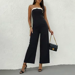 Women's minimalist black and white strapless wide-leg jumpsuit with chic contrast trim
