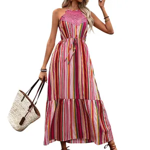 Bohemian striped maxi dress with halter neckline and delicate pink lace embroidery