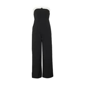 Elegant strapless black jumpsuit with white trim contrast and wide leg design