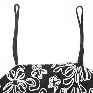 Close-up of white floral embroidery and fine straps on a black sleeveless summer dress