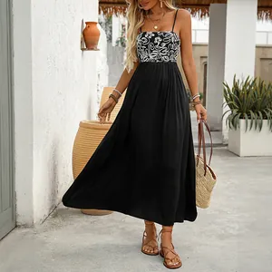 Women Bohemian Floral Print Maxi Dress Adjustable Strap Smocked Back A-Line Summer Vacation Beach Casual Sleeveless Dress