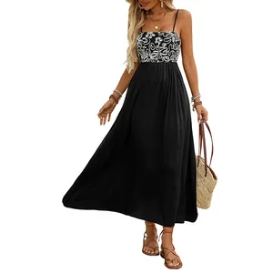 Summer black and white floral sleeveless maxi dress with thin straps for women