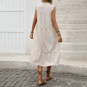 Abito midi beige senza maniche a balze con trama increspata e vestibilità ampia estiva