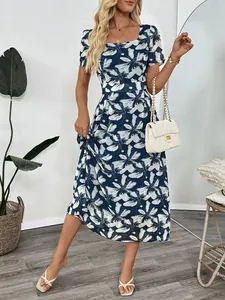French Square Neck Elegant Vintage Floral Print Waisted Midi Dress Short Sleeve A-Line Polyester Chiffon Summer Dress Women
