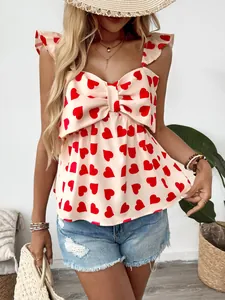 Women's Sweet Heart Print Camisole With Large Bow Ruffle Strap Sleeveless Babydoll Tank Top Summer V-Neck Smocked Back Top