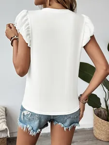 Women's summer white t-shirt with ruffle bubble sleeves and casual denim shorts outfit