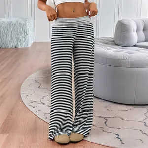 Pantalon Large à Rayures Décontracté pour Femmes Taille Basse Pantalon de Yoga Ample Tricot Souple Respirant Mode Quotidienne