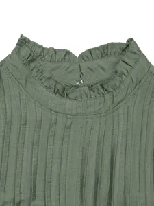 Detail of army green pleated stand collar with ruffle trim and precise stitching
