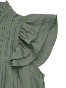 Detail of ruffle collar and layered flounce sleeves on a green pleated cotton dress