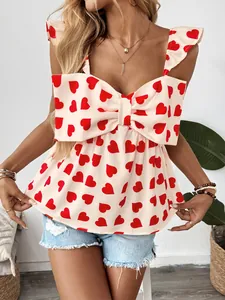 Sweet heart print sleeveless top with bow design and ruffle straps for summer style