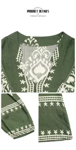 Detail of V-neckline and elastic cuffs on ethnic geometric print loose dress