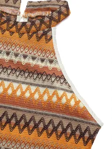 Close-up of knit halter top featuring vintage zigzag pattern in brown and orange tones