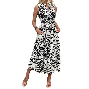 Elegant V-neck sleeveless maxi dress with zebra print and elastic waist tiered skirt