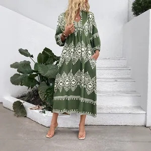 Women Casual Boho Ethnic Geometric Print V Neck Maxi Dress Loose Three Quarter Sleeve Vacation Dress With Pockets Viscose Blend