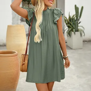 Women Elegant Sage Green Pleated Mini Dress Ruffle Sleeve Stand Collar Loose A-Line Short Dress For Summer Vacation
