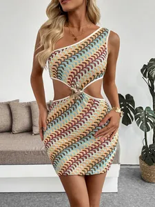One-shoulder mini dress with colorful wavy knit patterns and starfish cutout detail
