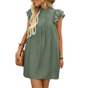 Sleeveless sage green pleated A-line dress with lotus leaf cuffs and elegant high collar