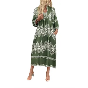 Green bohemian maxi dress with white geometric prints and V-neckline for women