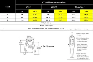 Detailed size chart for V-neck plaid knitted vest with S, M, L measurements in cm and inch