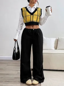 Women's autumn V-neck plaid knit vest sweater paired with white shirt and wide-leg trousers