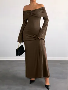 Elegant off-shoulder slim fit dark brown maxi dress with ribbed texture and long sleeves