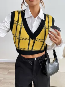 Chic yellow and black plaid knit vest for women with classic V-neck and slim fit cut