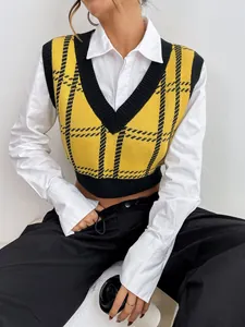 Retro yellow and black plaid V-neck knitted sweater vest with layered white shirt