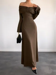 Elegant brown off-shoulder slim maxi dress with waist pleats and long sleeves
