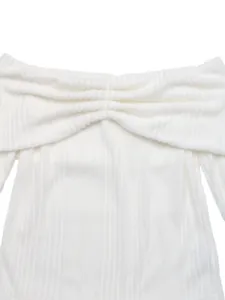 Detail of white off-shoulder knit top with vertical ribbed texture and central pleating