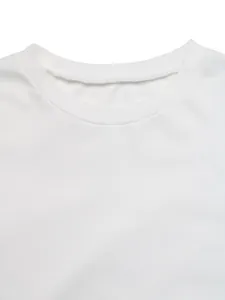 Close-up of high-quality ribbed crewneck and neat inner stitching on white cotton sweatshirt