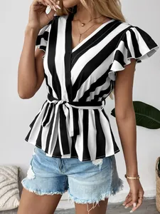 Detail of V-neck striped shirt showing flutter sleeves and waist tie design
