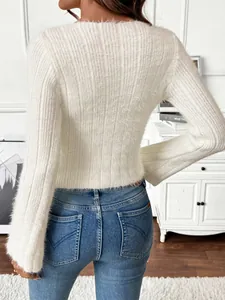Slim fit white faux mink fleece sweater for women with long sleeves and fluffy knit texture