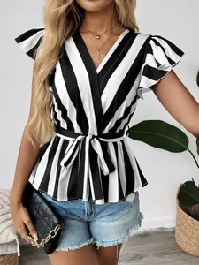 Detail of V-neck striped short sleeve shirt with ruffle sleeves and waist tie