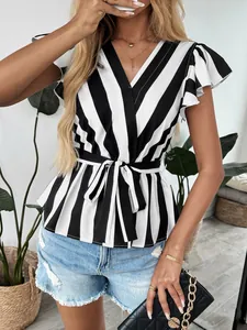 Close-up of V-neck striped blouse featuring ruffled sleeves and adjustable waist tie