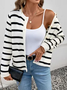 Cardigan en Maille Rayé Noir et Blanc Femme Col Rond Pull Manches Longues Boutons Dorés Poches Veste Décontractée